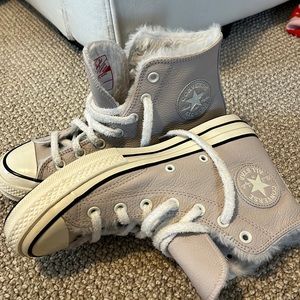 Lilac High Top Leather Converse with Soft Inside and Fuzzy Laces